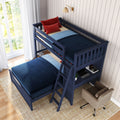 Stylish navy blue bunk bed with plaid bedding, featuring a built-in desk and comfortable workspace setup in a modern bedroom.