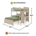 Twin-over-full loft bunk bed with built-in desk and angled ladder in light wood finish, space-saving bedroom furniture, 81.5 in L x 79.25 in D x 68.5 in H, 400 lb weight capacity per sleep surface