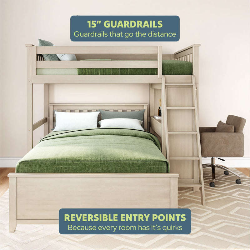 Loft bed with 15-inch guardrails and reversible entry points, featuring a wooden ladder and comfortable chair.