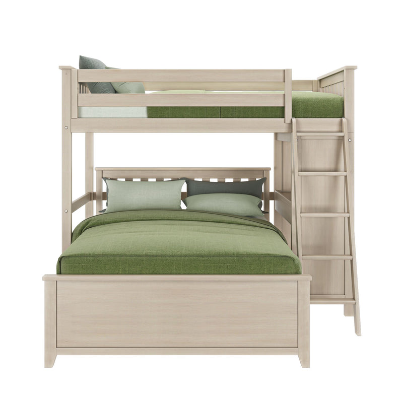 Twin over full bunk bed with light wood finish and green bedding, featuring integrated ladder for modern bedroom furniture design.