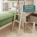 Wooden bunk bed with green bedding and safety ladder on carpeted floor.