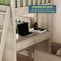 Space-saving integrated desk under loft bed with laptop, books, and decor for efficient small room setup.