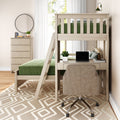 Modern loft bed with desk workspace, green bedding, and neutral decor in a cozy bedroom.