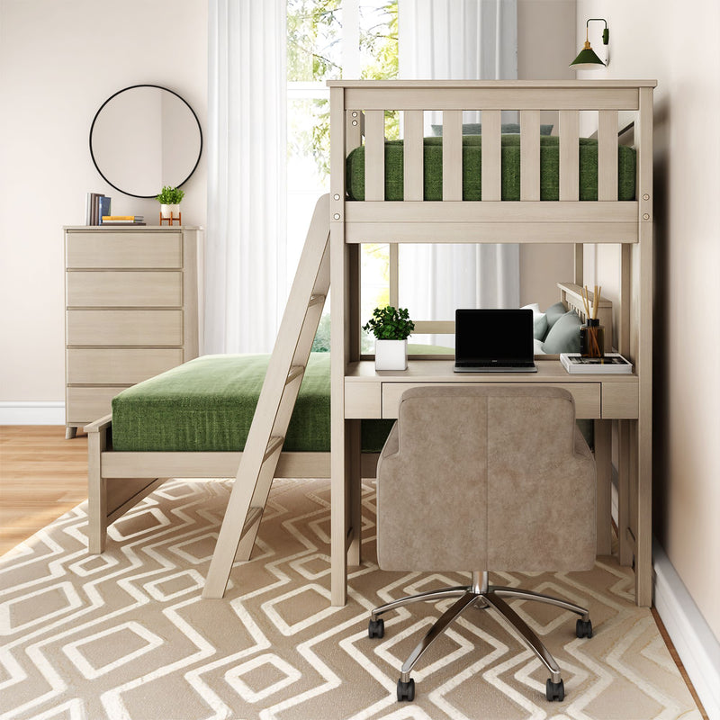 Modern loft bed with desk workspace, green bedding, and neutral decor in a cozy bedroom.