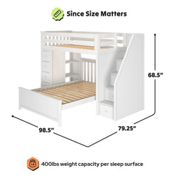 White wooden twin-over-full loft bunk bed with staircase storage, built-in drawers and shelves, dimensions 98.5 in × 79.25 in × 68.5 in, 400-lb weight capacity per sleep surface