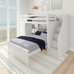 White bunk bed with staircase and blue striped bedding in a bright beach-themed bedroom.