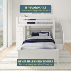 Bunk bed with 15-inch guardrails and reversible entry points for versatile bedroom design, featuring striped bedding and built-in storage.