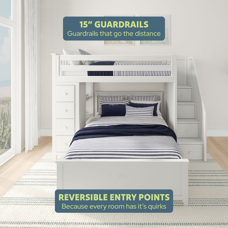 Bunk bed with 15-inch guardrails and reversible entry points for versatile bedroom design, featuring striped bedding and built-in storage.