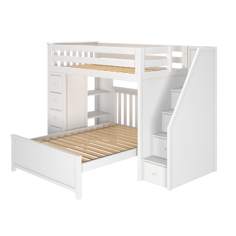 White wooden loft bed with built-in storage shelves and drawers, ideal for optimizing small bedroom spaces.