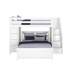 Twin over full bunk bed with built-in drawers and stairs in white, featuring blue and white striped bedding.