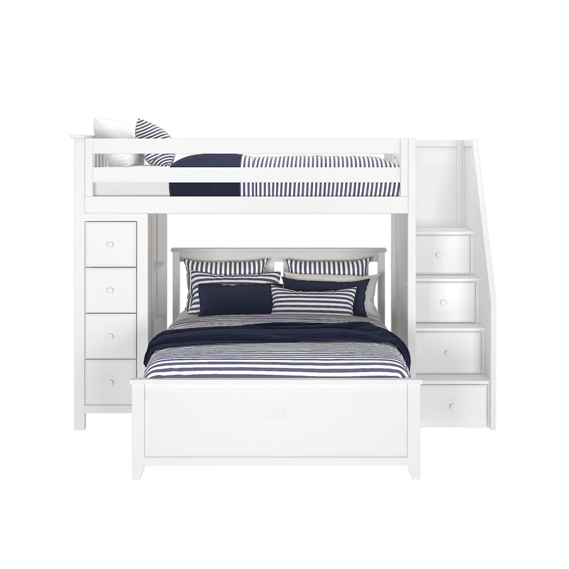 Twin over full bunk bed with built-in drawers and stairs in white, featuring blue and white striped bedding.