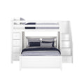 Twin over full bunk bed with built-in drawers and stairs in white, featuring blue and white striped bedding.