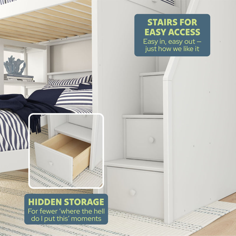 Bunk bed with stairs and hidden storage drawers for easy access and organization.