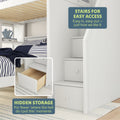 Bunk bed with stairs and hidden storage drawers for easy access and organization.