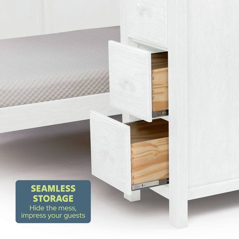 White wooden bed frame with built-in storage drawers, showcasing seamless organization.