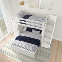 Loft bed with built-in storage, modern white design with striped bedding, ideal for maximizing space in kids' bedrooms.