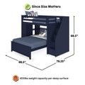 Navy twin-over-full bunk bed with staircase storage drawers, 98.5 x 79.25 x 68.5 inches, 400 lb weight capacity per sleep surface, kids bedroom loft bed