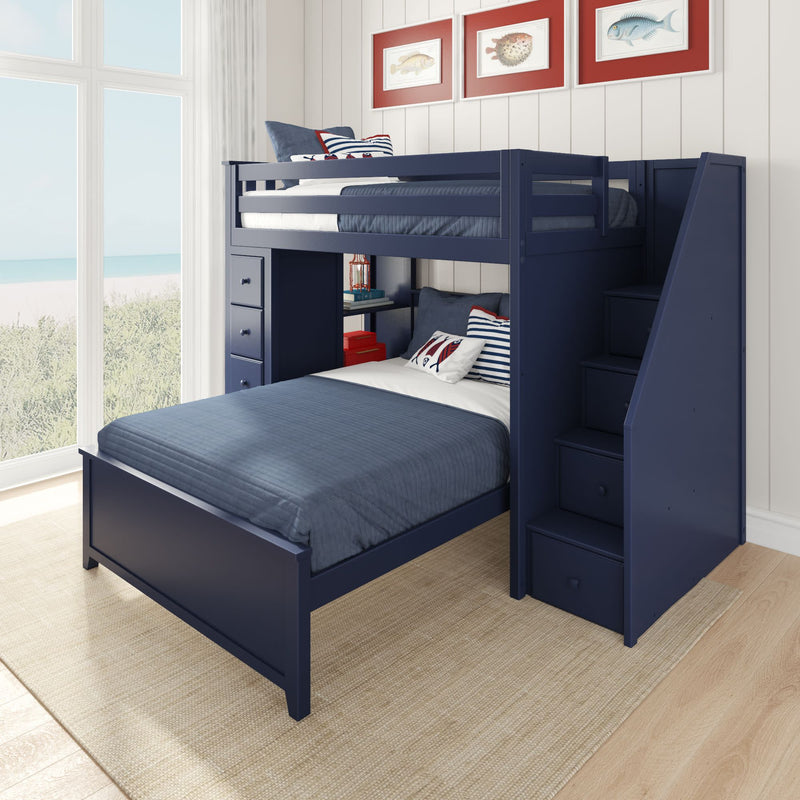 Blue bunk bed with storage stairs in a bright coastal-themed bedroom.