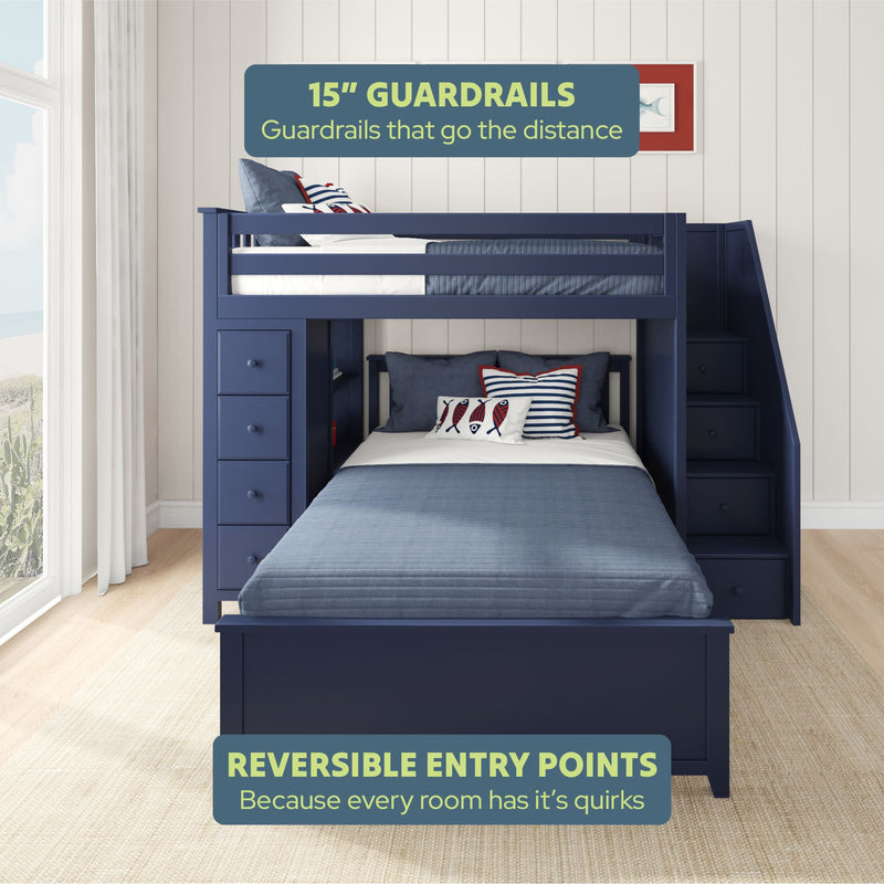 Navy blue bunk bed with 15-inch guardrails and reversible entry for versatile bedroom safety and design.