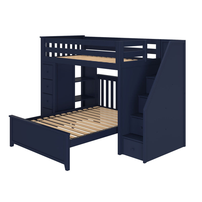 Navy blue wooden twin-over-full bunk bed with storage stairs and built-in drawers for kids' room.