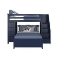 Navy blue bunk bed with storage drawers and staircase, featuring nautical-themed bedding and pillows.