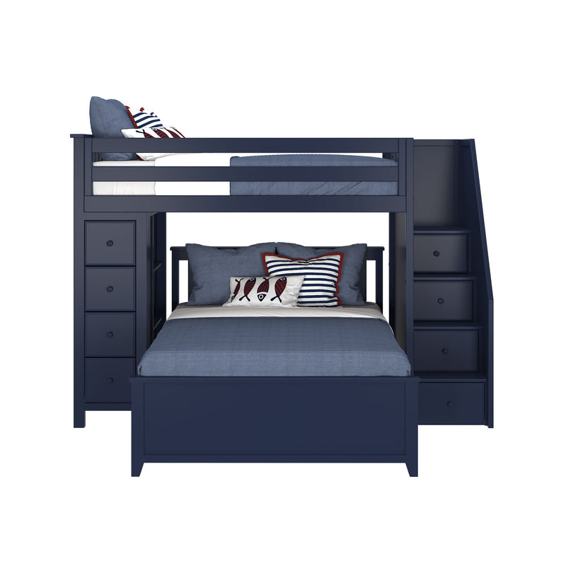 Navy blue bunk bed with storage drawers and staircase, featuring nautical-themed bedding and pillows.