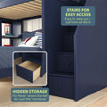 Navy blue bunk bed with storage stairs and pull-out drawer for optimizing small bedroom spaces.