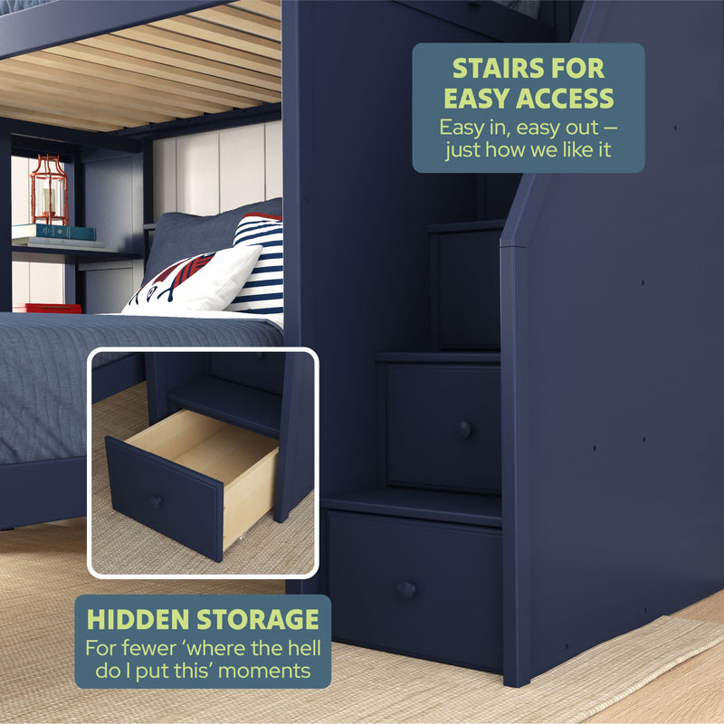 Navy blue bunk bed with storage stairs and pull-out drawer for optimizing small bedroom spaces.