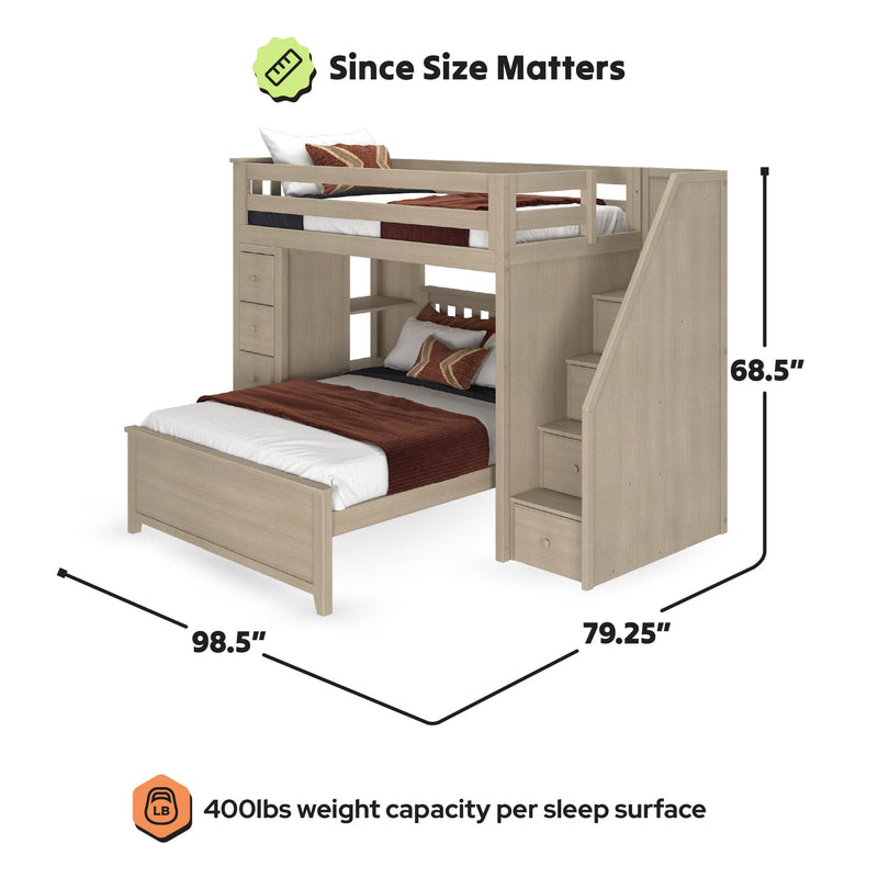 Light wood twin-over-full bunk bed with staircase and built-in storage drawers, modern loft-style bedroom set, 98.5" L x 79.25" W x 68.5" H, 400 lb weight capacity per sleep surface