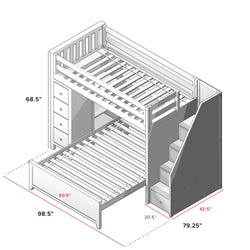 Bunk bed design with integrated stairs and storage drawer dimensions.