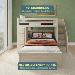 Bunk bed with 15-inch guardrails, reversible entry points, and built-in storage drawers in a modern bedroom.