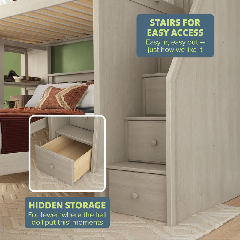 Bunk bed with stairs featuring easy access and hidden storage drawers.