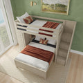 Stylish wooden loft bed with built-in storage and stairs, featuring a comfy double bed, perfect for optimizing small bedroom spaces.
