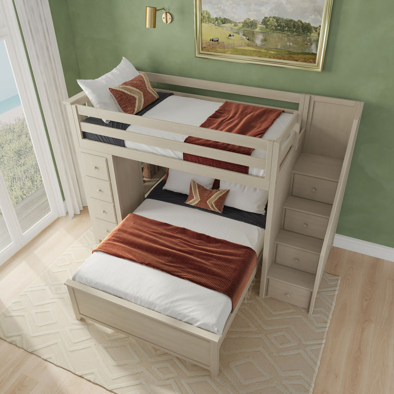 Stylish wooden loft bed with built-in storage and stairs, featuring a comfy double bed, perfect for optimizing small bedroom spaces.