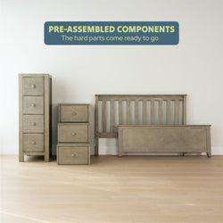 Pre-assembled wooden furniture set including dresser, nightstand, and bed frame against a white wall, emphasizing convenience and ready-to-use design.