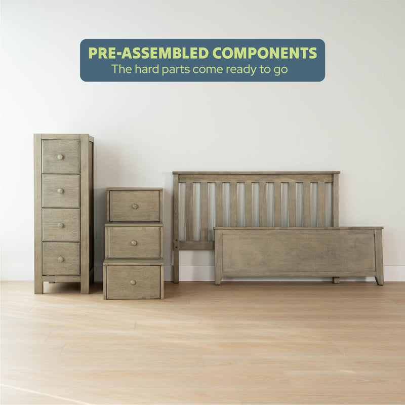 Pre-assembled wooden furniture set including dresser, nightstand, and bed frame against a white wall, emphasizing convenience and ready-to-use design.