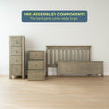 Pre-assembled wooden furniture set including dresser, nightstand, and bed frame against a white wall, emphasizing convenience and ready-to-use design.