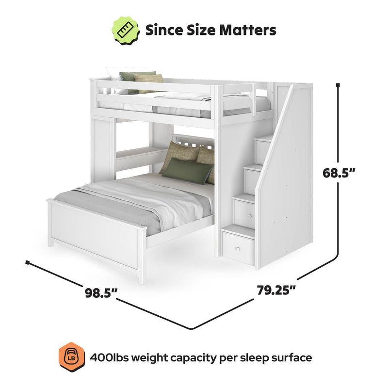 White wooden twin-over-full bunk bed with staircase and built-in storage drawers, safety rails, 400 lb weight capacity per sleep surface; dimensions 98.5 in L × 79.25 in D × 68.5 in H.