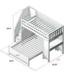 Loft bunk bed with integrated stairs and desk, featuring detailed dimensions: 68.5" height, 98.5" length, 56.75" width (bed), and 79.25" width including stairs and desk.