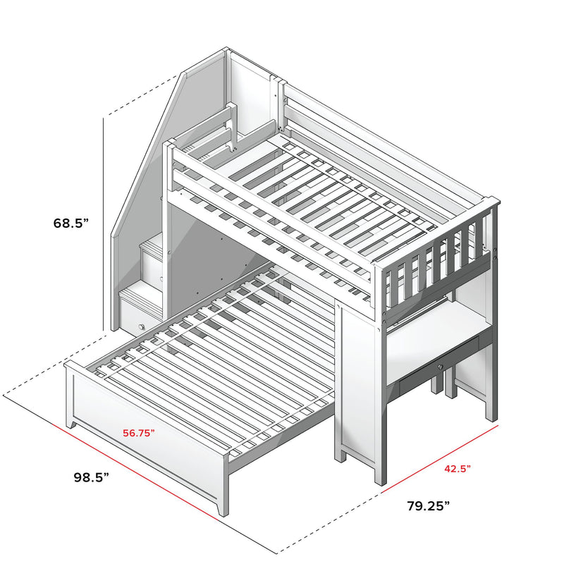 Loft bunk bed with integrated stairs and desk, featuring detailed dimensions: 68.5" height, 98.5" length, 56.75" width (bed), and 79.25" width including stairs and desk.