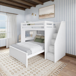 White wooden bunk bed with stairs in a cozy bedroom with striped wallpaper and natural lighting.