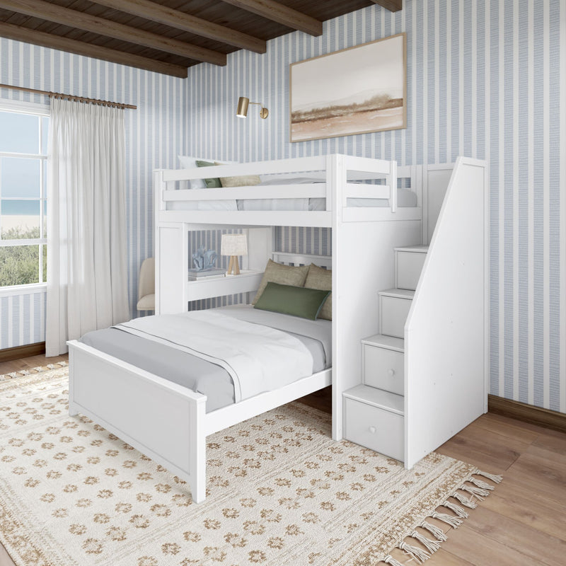 White wooden bunk bed with stairs in a cozy bedroom with striped wallpaper and natural lighting.