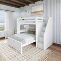 White wooden bunk bed with stairs in a cozy bedroom with striped wallpaper and natural lighting.