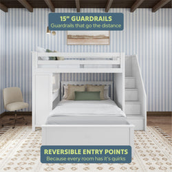 Stylish white bunk bed with 15-inch guardrails and reversible entry points, featuring cozy bedding in a modern bedroom setting.