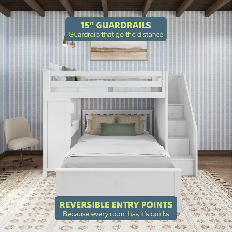 Stylish white bunk bed with 15-inch guardrails and reversible entry points, featuring cozy bedding in a modern bedroom setting.