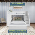 Stylish white bunk bed with 15-inch guardrails and reversible entry points, featuring cozy bedding in a modern bedroom setting.
