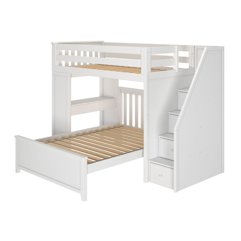 White wooden bunk bed with storage stairs and guardrails.
