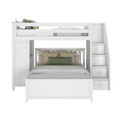 White wooden loft bed with stairs and storage drawers, featuring a double lower bed and a single upper bed, complemented by decorative pillows.