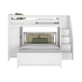 White wooden loft bed with stairs and storage drawers, featuring a double lower bed and a single upper bed, complemented by decorative pillows.
