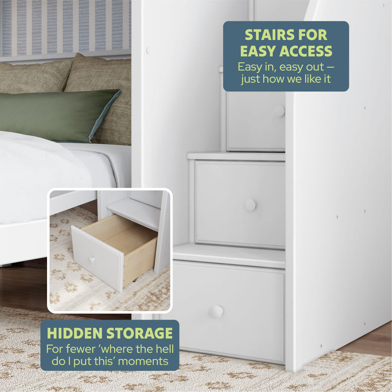 Loft bed with built-in storage drawers and stairs for easy access, featuring hidden compartments for optimized space-saving.